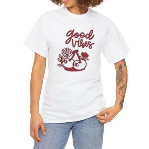 Good Vibes Cute Cartoon Cherries with Flowers  - White Shirt with Red Design